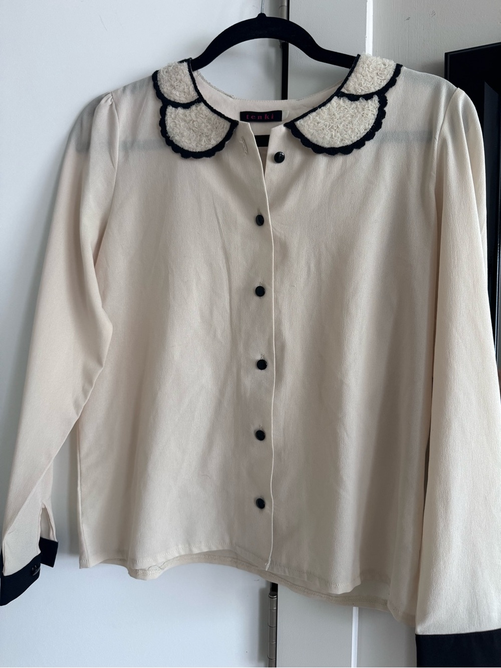 Tenki London Peter Pan Collar Blouse Cream Black Contrast Trim Size M